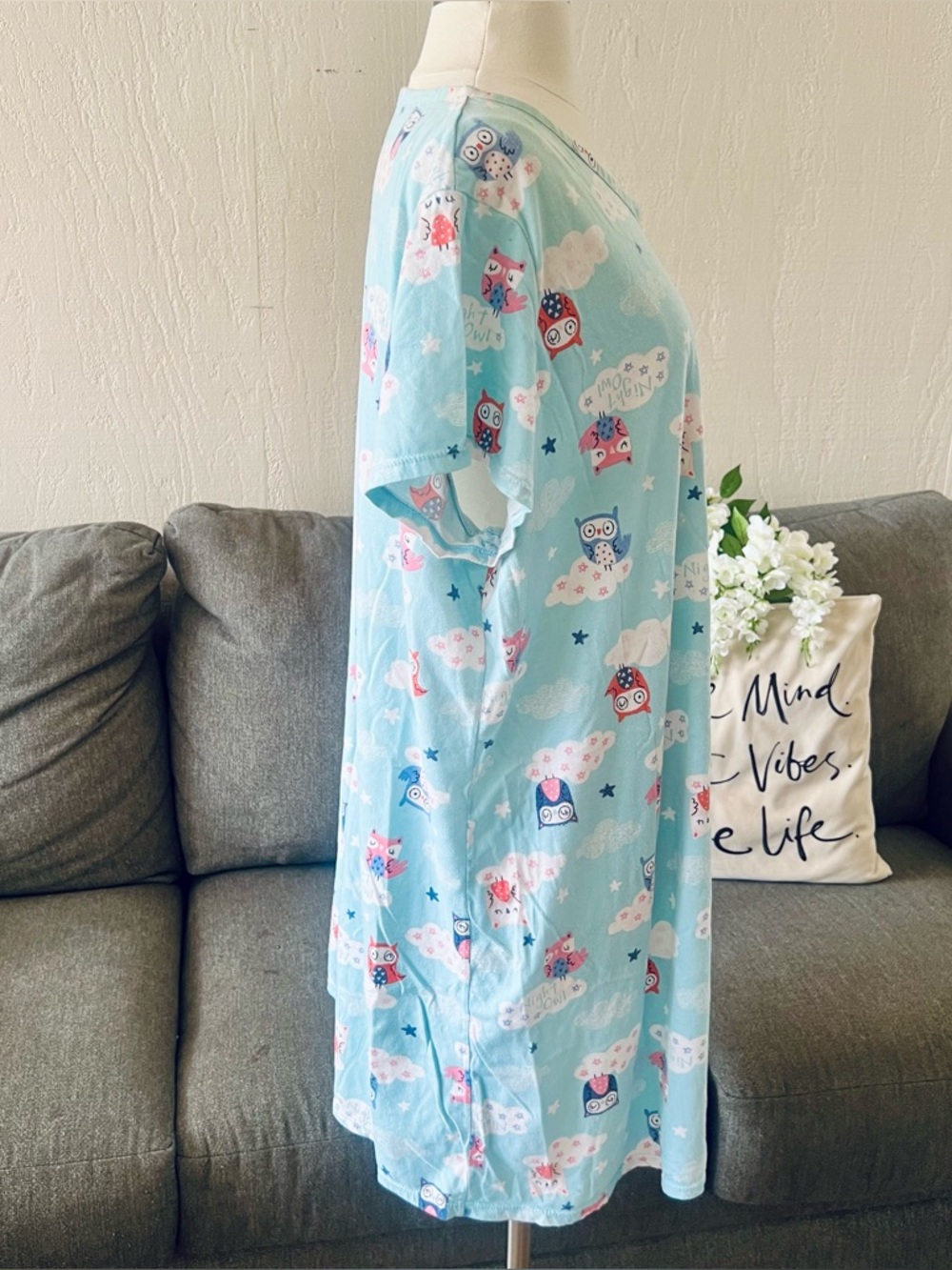Secret Treasures Blue Owl Print Short-Sleeve Nightgown - Picture 6 of 8